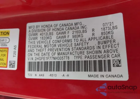 2022 Honda Civic Ex z USA, uszkodzony, nr VIN 2HGFE1F77NH305778